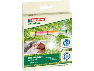 Produktfoto för edding Överstrykningspenna, 24 EcoLine, platt pennkropp, mejselformad spets, 2–5 mm linjebredd, olika färger: Gul, orange, rosa, ljusgrön