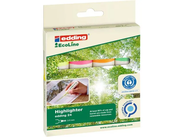 Alternativ bild 0 för edding Överstrykningspenna, 24 EcoLine, platt pennkropp, mejselformad spets, 2–5 mm linjebredd, olika färger: Gul, orange, rosa, ljusgrön
