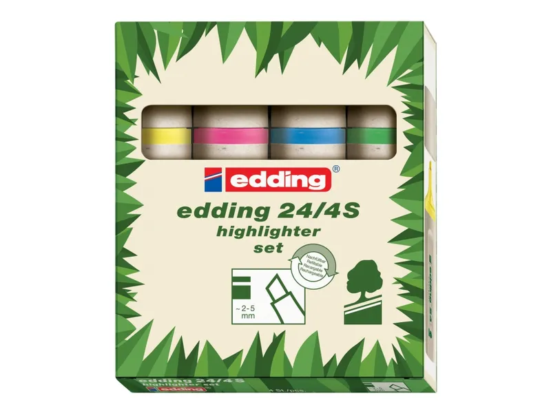 Alternativ bild 0 för edding Överstrykningspenna, 24 EcoLine, platt pennkropp, mejselformad spets, 2–5 mm linjebredd, olika färger: Gul, orange, rosa, ljusgrön