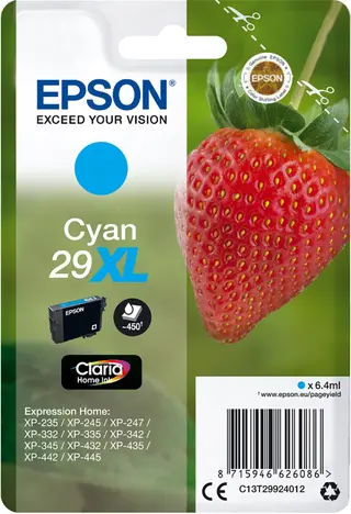 Produktfoto för Epson Bläckpatron 29XL, C13T29924012, Strawberry, Claria Home-bläck, cyan, singelförpackning, hög kapacitet