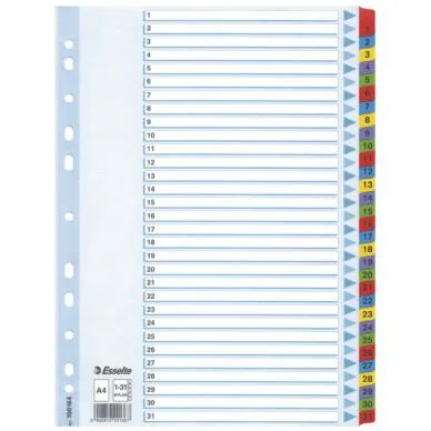 Alternativ bild 0 för Esselte Avdelare, A4, polypropylen, 1–31-flikuppsättning, olika färger