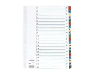 Produktfoto för Esselte Indexavdelare, A4, kartong och polypropylen, 1–20 flikuppsättning, olika färger