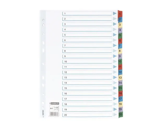 Alternativ bild 0 för Esselte Indexavdelare, A4, kartong och polypropylen, 1–20 flikuppsättning, olika färger