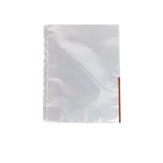 Produktfoto för Esselte Plastficka signal, A4, stansad, 105 mikrometer, polypropylen, jämn, 11 hål, genomskinlig med röda remsor