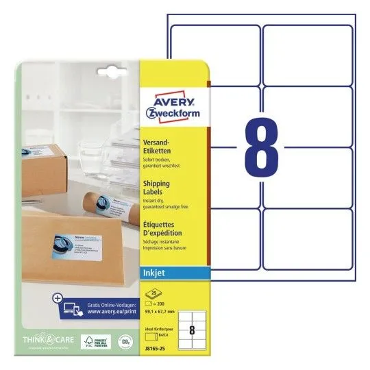Alternativ bild 0 för Etiketter Avery J8165-25 QuickDRY™ hvid til inkjet 99,1x67,7 mm - (8 stk. x 25 ark)