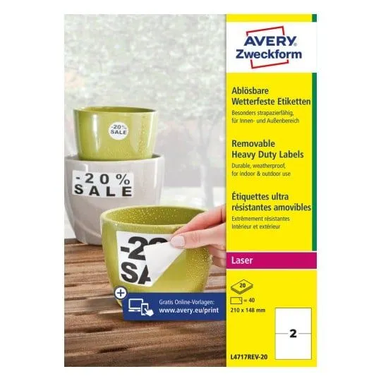 Alternativ bild 0 för Etiketter Avery Zweckform L4717REV-20 vit 210x148 mm permanent - (20 ark med 2 st.)