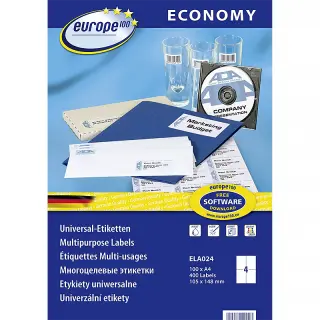 Produktfoto för europe100 - Papir - permanent klæbemiddel - vit - A6 (105 x 148 mm) 400 etikette(r) (100 ark x 4) etiketter till flere formål
