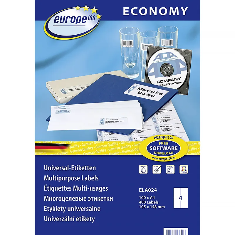 Bild 1 för europe100 - Papir - permanent klæbemiddel - vit - A6 (105 x 148 mm) 400 etikette(r) (100 ark x 4) etiketter till flere formål