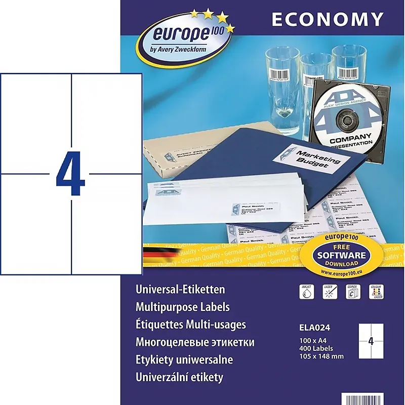 Bild 2 för europe100 - Papir - permanent klæbemiddel - vit - A6 (105 x 148 mm) 400 etikette(r) (100 ark x 4) etiketter till flere formål