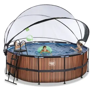 Produktfoto för EXIT Wood pool 427x122cm med sandfilterpump och tak och värmepump (Brun)