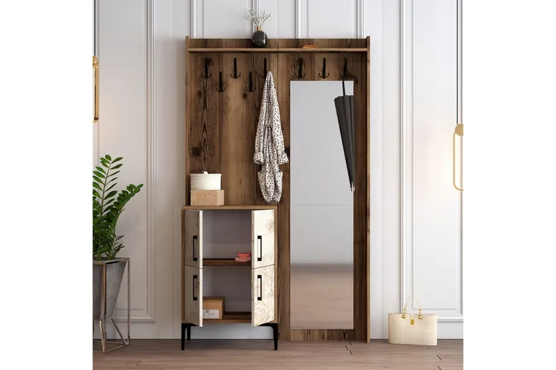Bild 2 för FUNZI LIVING Berlin BC entr&eacute;m&ouml;bel, med spegel, 8 krokar, 2 d&ouml;rrar, 2 hyllor - valn&ouml;tsf&auml;rgad/marmormelamin