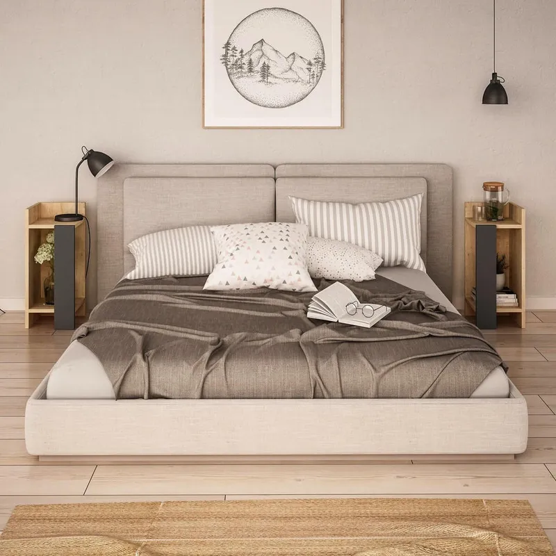 Bild 2 för FUNZI LIVING Elos s&auml;ngbord, h&ouml;ger och v&auml;nster, w. 2 hyllplan - ek och antracitgr&aring; melamin (15x27) (set med 2)