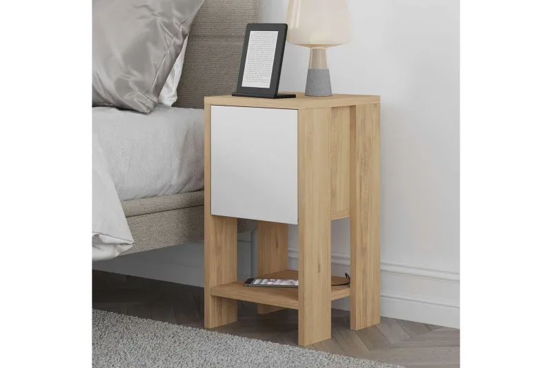 Bild 2 för FUNZI LIVING Ema s&auml;ngbord, med 1 d&ouml;rr och 1 hylla - safir ek och vit melamin (30x30)