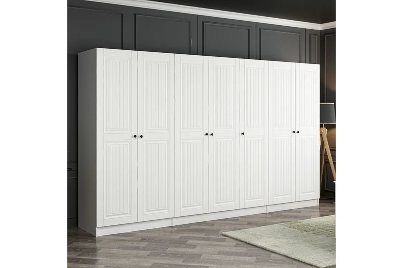 Bild 2 för FUNZI LIVING Mebran 4012 garderob, w. 7 d&ouml;rrar, 5 h&auml;ngst&auml;nger, 2 l&aring;dor, hyllor - vit melamin