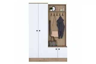 Produktfoto för FUNZI LIVING P6 - M5 entr&eacute;m&ouml;belset, med krokar, 4 d&ouml;rrar och 5 hyllor - vit och brun melamin