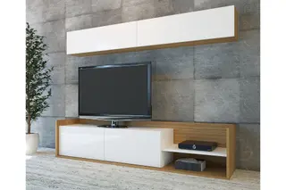 Produktfoto för FUNZI LIVING TV-bord och v&auml;gghylla, med d&ouml;rrar och hylla - vit och teakf&auml;rgad melamin (set om 2)