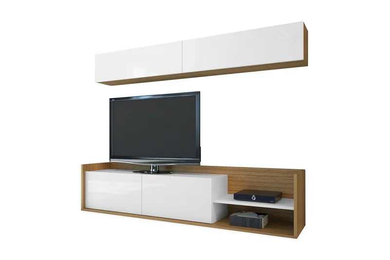 Bild 2 för FUNZI LIVING TV-bord och v&auml;gghylla, med d&ouml;rrar och hylla - vit och teakf&auml;rgad melamin (set om 2)
