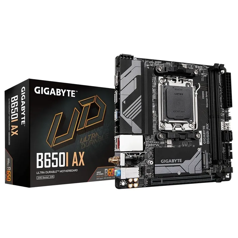 Alternativ bild 0 för Gigabyte B650I AX - 1.0 - moderkort - mini ITX - Socket AM5 - AMD B650 Chipuppsättning - USB 3.2 Gen 1, USB 3.2 Gen 2, USB-C 3.2 Gen 1 - 2.5 Gigabit LAN, Bluetooth, Wi-Fi - inbyggda grafiken (CPU krävs) - HD-ljud (8 kanaler)