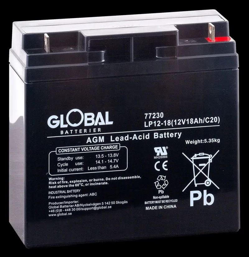 Alternativ bild 0 för Global 12V EG18-12HR AGM Batteri 18Ah 182 x 77 x 168 mm