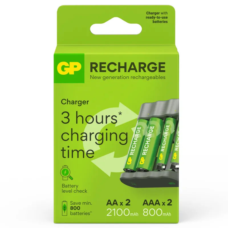 Bild 1 för GP - Batteriladdare, B441 (USB), inkl. 2 x AA 2100 mAh + 2 x AAA 800 mAh batterier (202270)