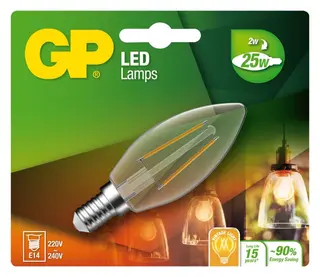 Produktfoto för GP LED-glödlampa Candle Filament 2W/827 (25W) Clear E14