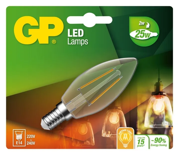 Alternativ bild 0 för GP LED-glödlampa Candle Filament 2W/827 (25W) Clear E14