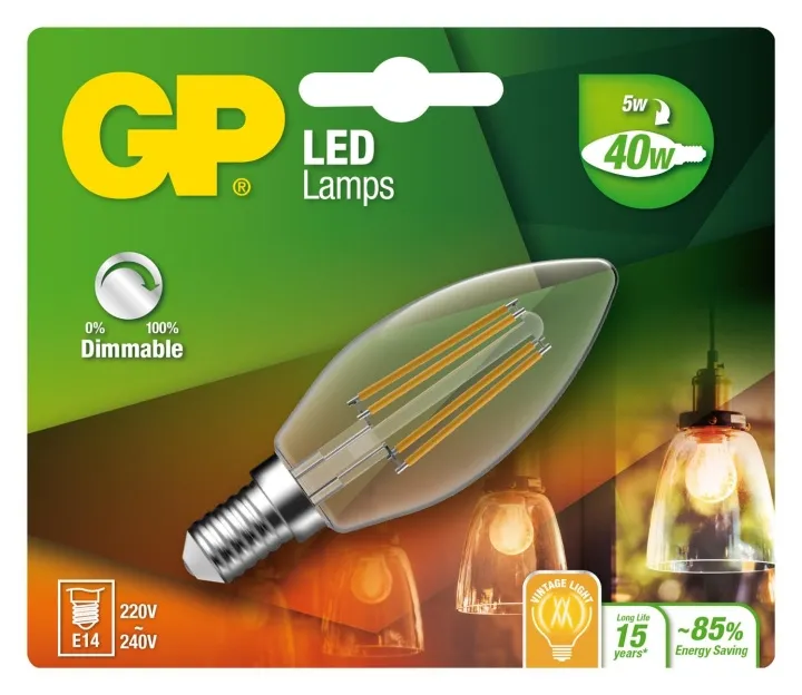 Alternativ bild 0 för GP LED-glödlampa Candle Filament 5W/827 (40W) Clear Dimmable E14