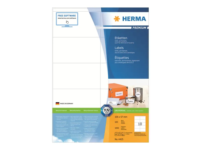 Alternativ bild 0 för HERMA Premium - Papper - matt - permanent självhäftande - vit - 105 x 57 mm 1000 etikett (er) (100 ark x 10) laminerade etiketter