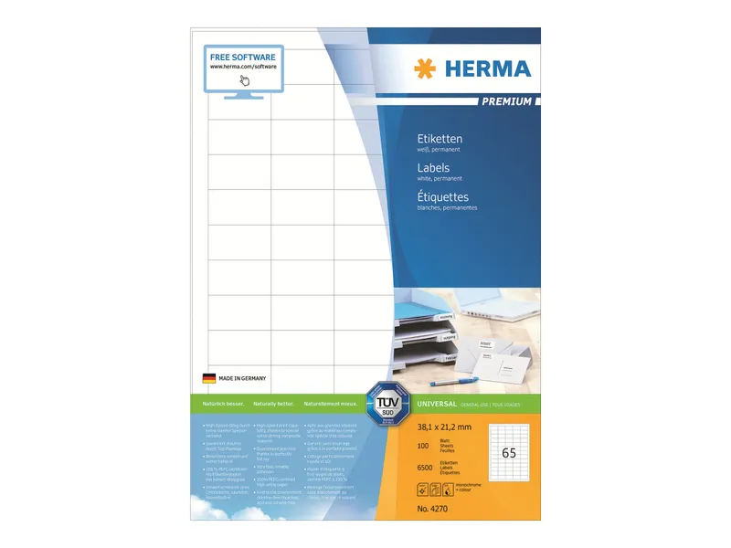 Alternativ bild 0 för HERMA Premium - Papper - matt - permanent självhäftande - vit - 38.1 x 21.2 mm 6500 etikett (er) (100 ark x 65) laminerade etiketter
