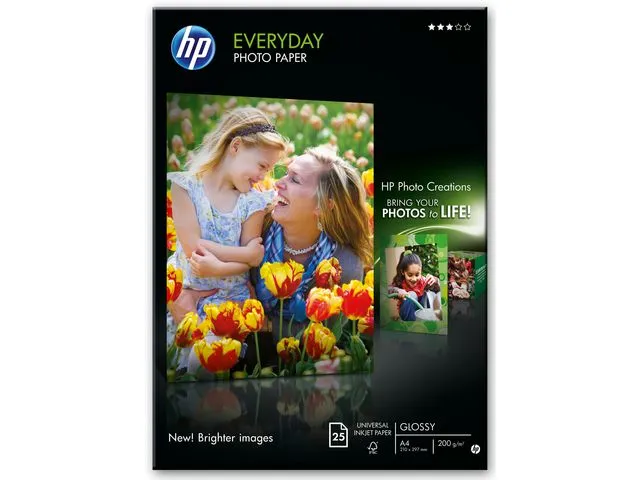 Alternativ bild 0 för HP Everyday Photo Paper - Blank - 8 mil - A4 (210 x 297 mm) - 200 g/m² - 25 ark fotopapper - för Deskjet 21XX, 2622, 36XX  Officejet 52XX, 6000, 68XX, 80XX  Photosmart B110, Wireless B110