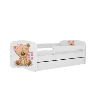 Produktfoto för Kocot Kids Barnsäng Vit Bear With Flowers Med Låda Och Madrass 180x80 Cm