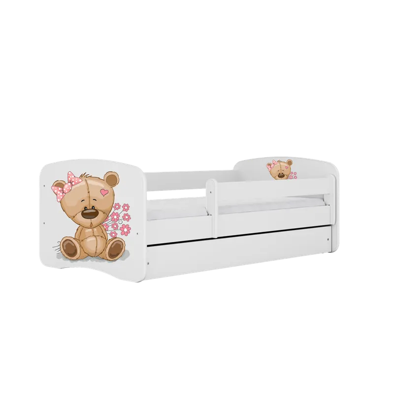Alternativ bild 0 för Kocot Kids Barnsäng Vit Bear With Flowers Med Låda Och Madrass 180x80 Cm