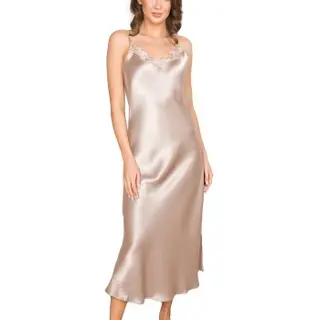 Produktfoto för Lady Avenue Pure Silk Long Nightgown With Lace Pärlvit silke X-Small Dam