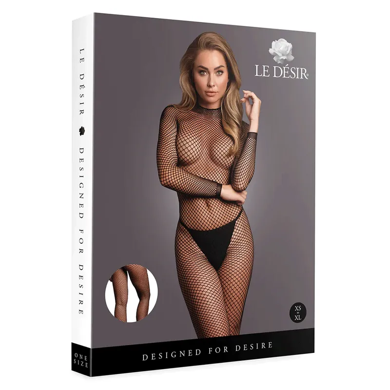Bild 2 för Le Désir: Turtle Neck Bodystocking with Fishnet, One Size