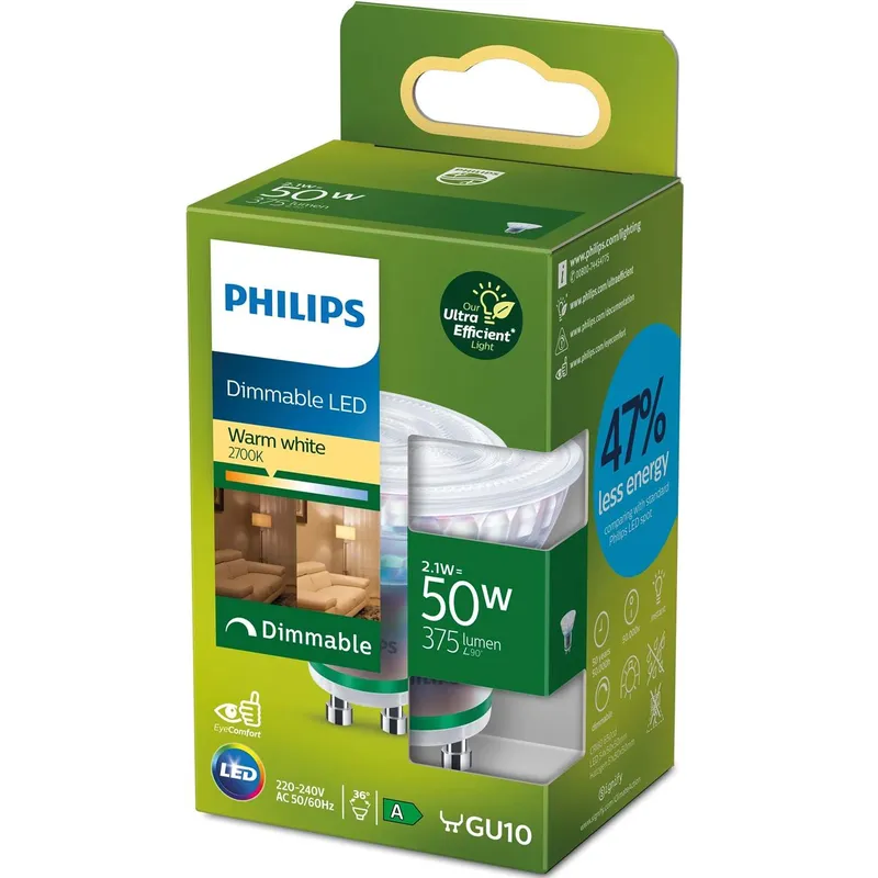 Bild 1 för LED GU10 2,1W (50W) 375lm Dimbar 2700K Energiklass A