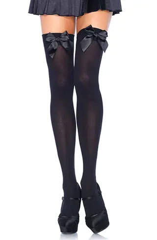 Produktfoto för Leg Avenue Nylon Thigh Highs With Bow One Size Svarta Stay ups