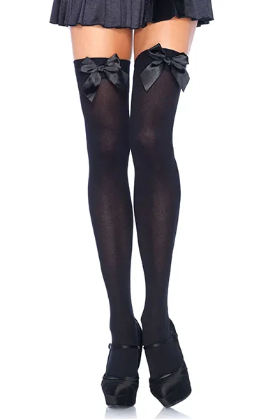 Bild 1 för Leg Avenue Nylon Thigh Highs With Bow One Size Svarta Stay ups