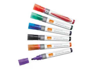 Produktfoto för Marker Nobo Liquid Ink - ikke-permanent - for flipover tavle, overhead-transparenter, whiteboard - sort, rød, blå, grøn, orange, lilla - 3 mm (6 stk.)