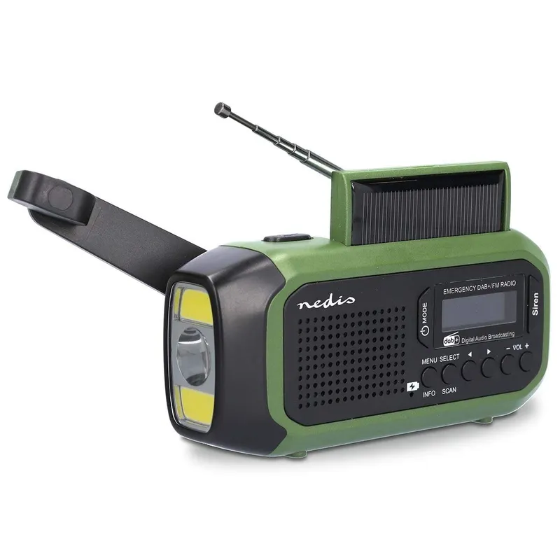 Bild 1 för Nedis Nödradio DAB+ / FM | Batteridriven / Handvev / solpanel / USB ström | Väckarklocka | Grön / Sv