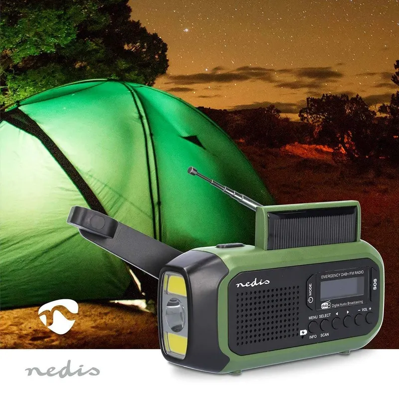 Bild 2 för Nedis Nödradio DAB+ / FM | Batteridriven / Handvev / solpanel / USB ström | Väckarklocka | Grön / Sv