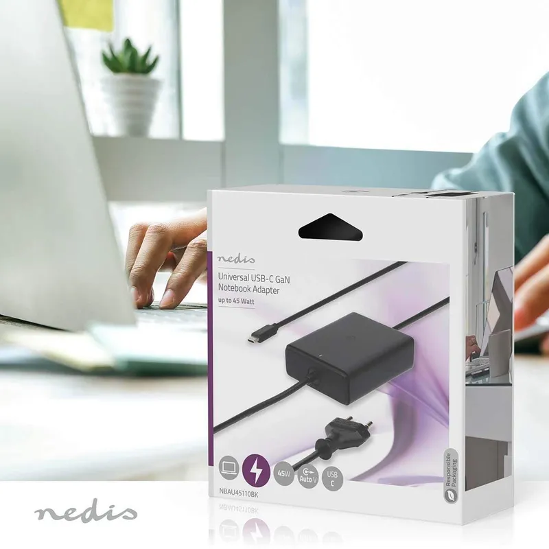 Bild 2 för Nedis Notebook Adapter för: Dator / Smartphone / Surfplatta, GaN, 45 W