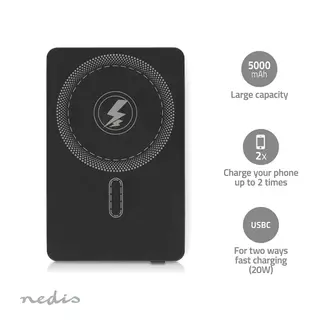 Produktfoto för Nedis Powerbank | 5000 mAh | Trådlös laddning | 1.67 / 2.22 / 3.0 A | Antal utgångar: 1 | Utgångsanslutning: 1x USB-C™ | Ingångsanslutning: 1x USB-C™ | PD3.0 20W | Litium-polymer