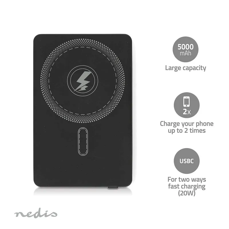 Bild 1 för Nedis Powerbank | 5000 mAh | Trådlös laddning | 1.67 / 2.22 / 3.0 A | Antal utgångar: 1 | Utgångsanslutning: 1x USB-C™ | Ingångsanslutning: 1x USB-C™ | PD3.0 20W | Litium-polymer