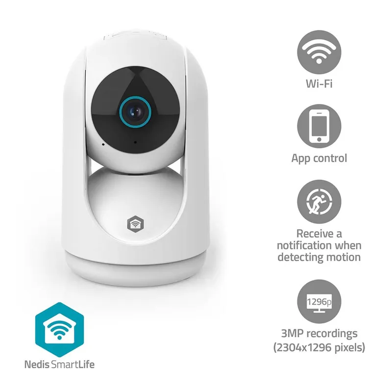Bild 1 för Nedis SmartLife Indoor Camera Wi-Fi 3MP Full HD 1296p Pan tilt Cloud Storage (option) / microSD (not included) / Onvif With motion sensor Night vision White