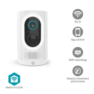 Produktfoto för Nedis SmartLife Utomhus Kamera | Wi-Fi | Spotlight | 3MP Full HD 1296p | IP65 | Max. batteritid: 6 Månader | microSD (ingår inte) / Molnlagring (tillval) | 5 V DC | Med rörelsesensor | Nattsikt | Vit