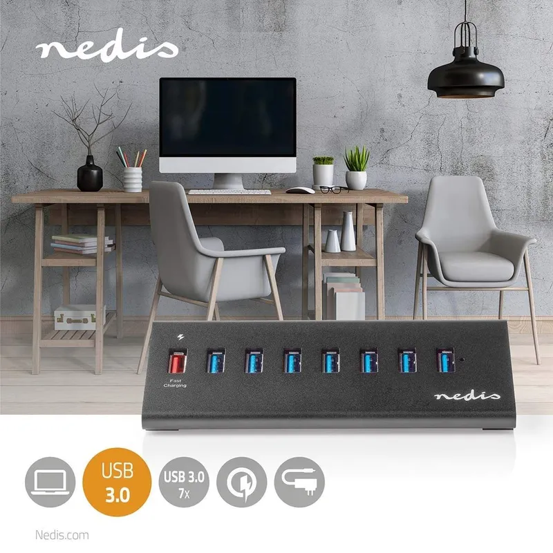 Bild 1 för Nedis UHUBUP3810BK - Hubb - 7 x SuperSpeed USB 3.0 + 1 x SuperSpeed USB 3.0 (laddning) - skrivbordsmodell