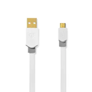 Produktfoto för Nedis USB-kabel | USB 2.0 | USB-A Hane | USB Micro-B Hane | 480 Mbps | Guldplaterad | 1.00 m | Platt | PVC | Vit | Kartong med fönster