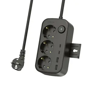 Produktfoto för NEXTBATT Grenuttag 3-vägs/2x USB-A/2x USB-C + krok/telefonstativ, 1,5 m - Svart
