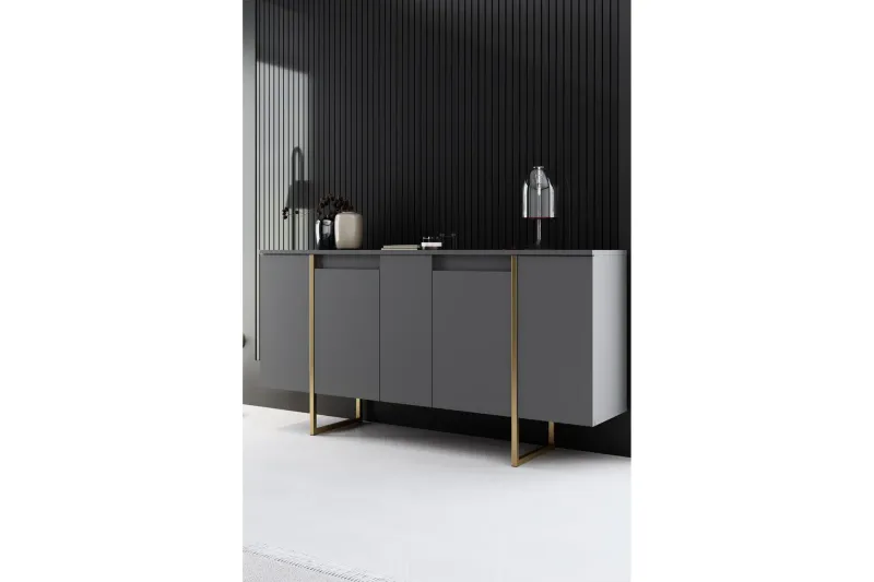 Bild 1 för NORDV&Auml;RK Luxe konsolbord, w. 4 d&ouml;rrar och 4 hyllor - antracitgr&aring; melamin och guldmetall (160x35)