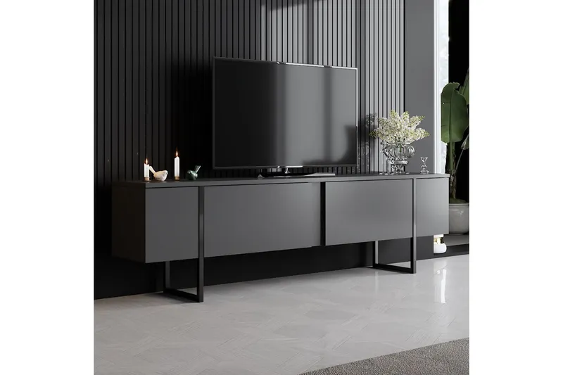 Bild 2 för NORDV&Auml;RK Luxe TV-bord, w. d&ouml;rrar - antracitgr&aring; melamin och svart metall (180x30)